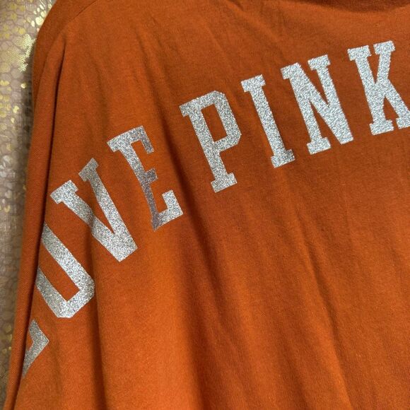 PINK Victorias Secret Orange Silver Glitter Varsity Long Sleeve Hoodie Shirt L N - Picture 7 of 10